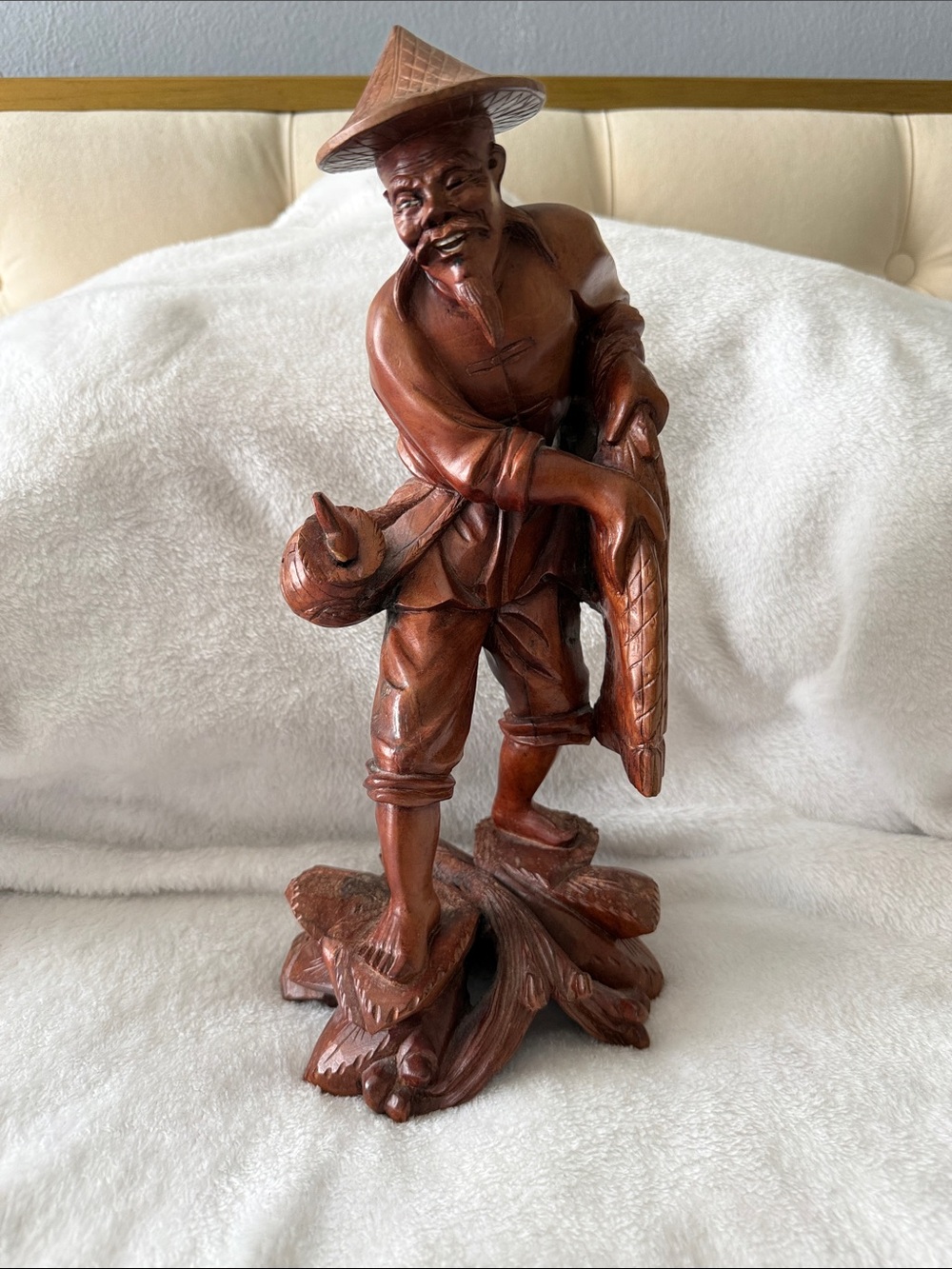 Handcrafted Brown Wooden Fisherman Sculpture - Artisan Home Art